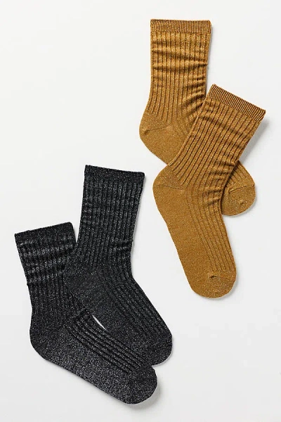By Anthropologie Ribbed Lurex Trouser Socks, Set Of 2 In Black