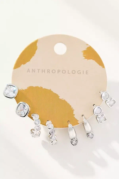 By Anthropologie Round Crystal Earrings, Set Of 4 In Silver