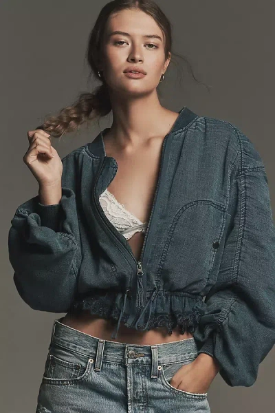 By Anthropologie Ruched Lace Denim Bomber Jacket In Blue