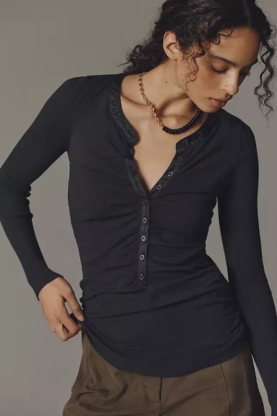 By Anthropologie Ruched Satin-trim Henley Sweater In Black