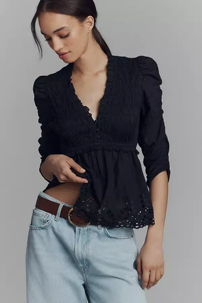 By Anthropologie Ruched-sleeve Smocked Blouse In Black