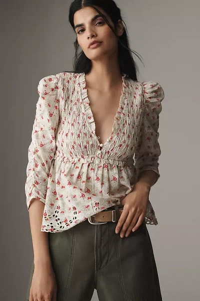 By Anthropologie Ruched-sleeve Smocked Blouse In Multicolor