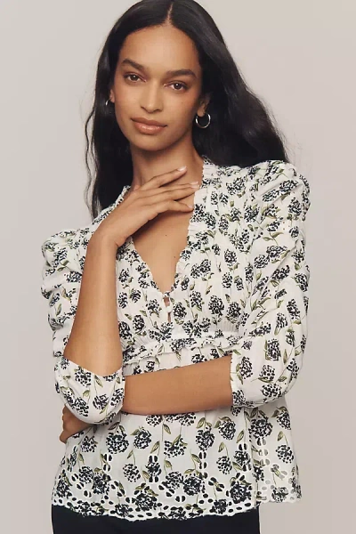 By Anthropologie Ruched-sleeve Smocked Blouse In White