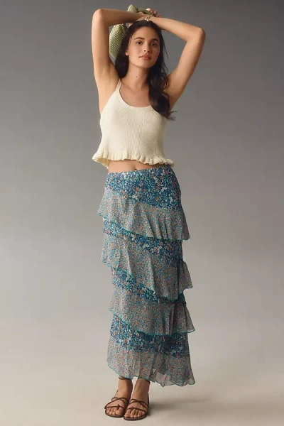 By Anthropologie Ruffle Flounce Maxi Skirt In Blue
