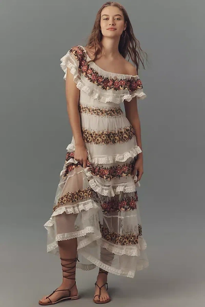 By Anthropologie Ruffle-sleeve V-neck Embroidered Tulle Tiered Maxi Dress