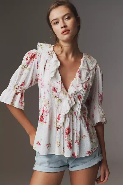 By Anthropologie Ruffled Pin-tuck Button-front Blouse In Pink
