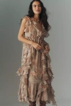 By Anthropologie Ruffled Sleeveless Plunge Midi Dress In Brown