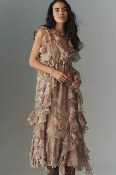 By Anthropologie Ruffled Sleeveless Plunge Midi Dress In Pink