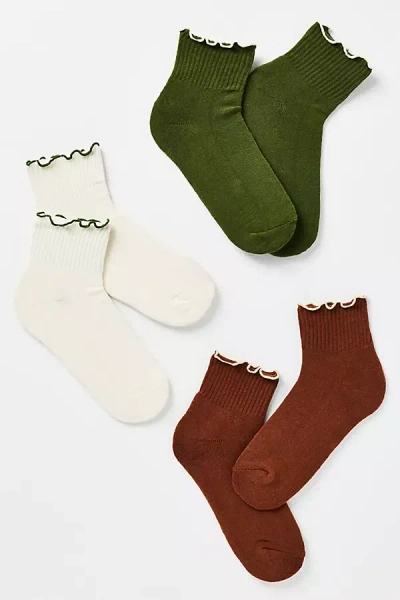 By Anthropologie Ruffle-trim Crew Socks, Set Of 3 In Green