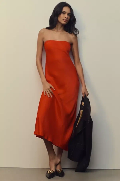 By Anthropologie Satin Midi Slip Dress In Red