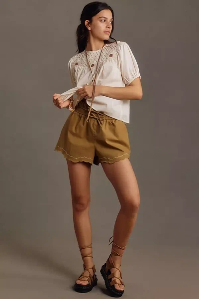 By Anthropologie Scallop-hem Shorts In Green