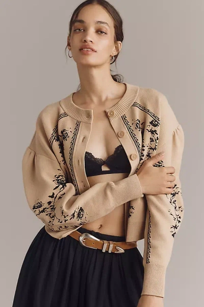 By Anthropologie Sculpted Puff-sleeve Cardigan Sweater In Sand