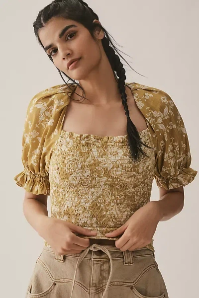 By Anthropologie Seersucker Smocked Puff-sleeve Crop Top In Green