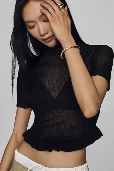 By Anthropologie Semi-sheer Ruffle-hem Sweater In Black