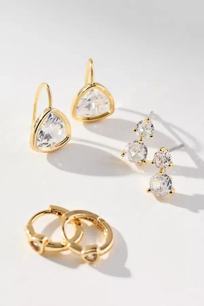 By Anthropologie Shaped Crystal Earrings, Set Of 3 In Gold