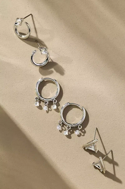 By Anthropologie Shaped Crystal Huggie Hoop Earrings, Set Of 3 In Silver