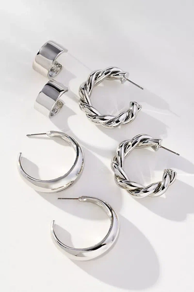 By Anthropologie Shaped Hoop Earrings, Set Of 3 In Silver