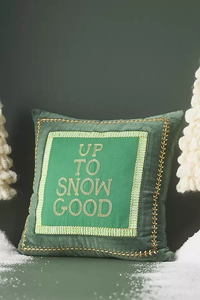 By Anthropologie Shayla Velvet Festive Text Cushion In Green