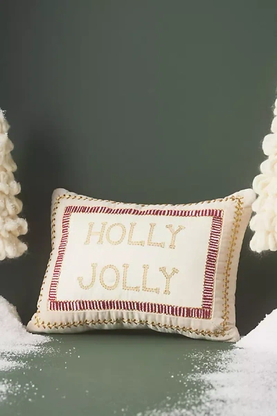 By Anthropologie Shayla Velvet Festive Text Cushion In Neutral