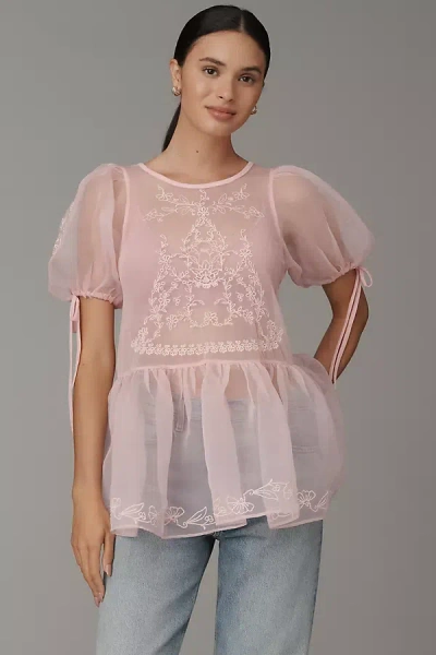 By Anthropologie Sheer Lace Peplum Blouse In Pink