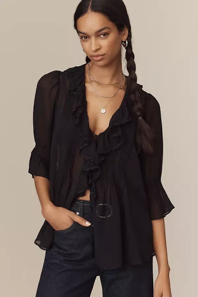 By Anthropologie Sheer Ruffle Blouse In Black