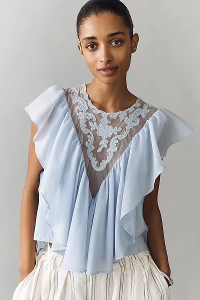 By Anthropologie Sheer Ruffle Top In Blue