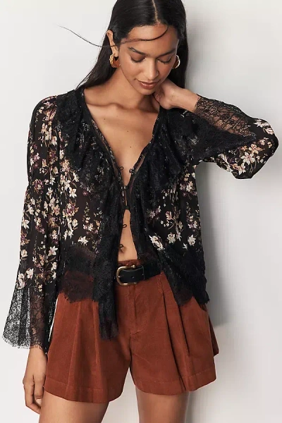 By Anthropologie Sheer Ruffled Lace Blouse In Black