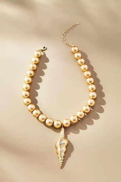 By Anthropologie Shell Pendant Beaded Necklace In Gold