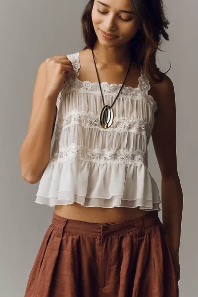 By Anthropologie Shirred Lace Tank Top In White