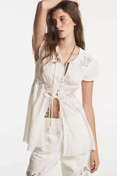 By Anthropologie Short-sleeve Airy Embroidered Tunic Top In White