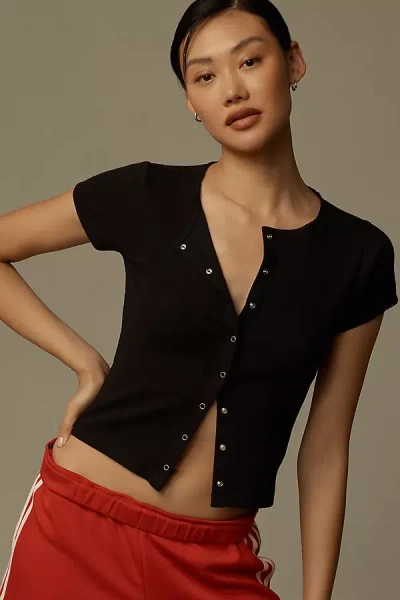 By Anthropologie Short-sleeve Button-front Knit Top In Black