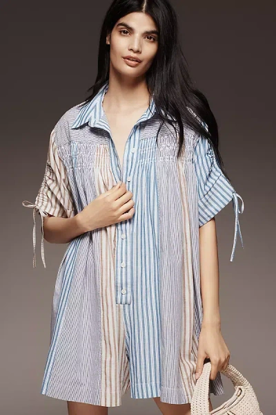 By Anthropologie Short-sleeve Buttondown Swing Romper In Blue