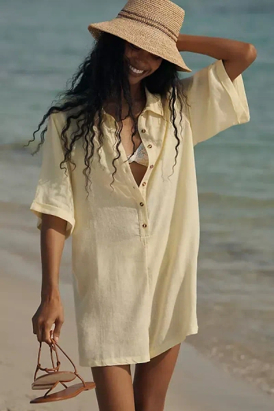 By Anthropologie Short-sleeve Collared Linen Romper In Yellow