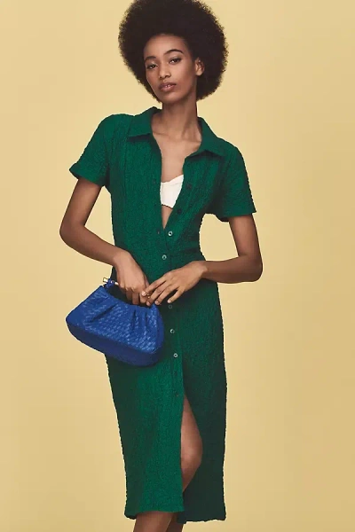 By Anthropologie Short-sleeve Collared Textured Midi Shirt Dress In Green