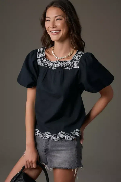 By Anthropologie Short-sleeve Embroidered Linen Tunic Top In Black