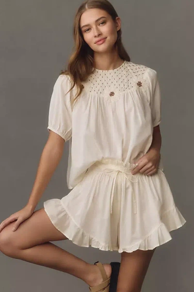 By Anthropologie Short-sleeve Embroidered Pullover Top In White