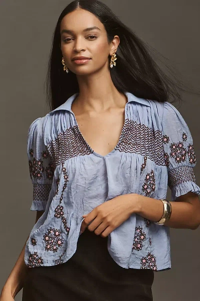 By Anthropologie Short-sleeve Embroidered Swing Top In Blue