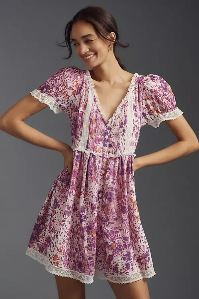 By Anthropologie Short-sleeve Lace-trim Babydoll Romper In Multicolor