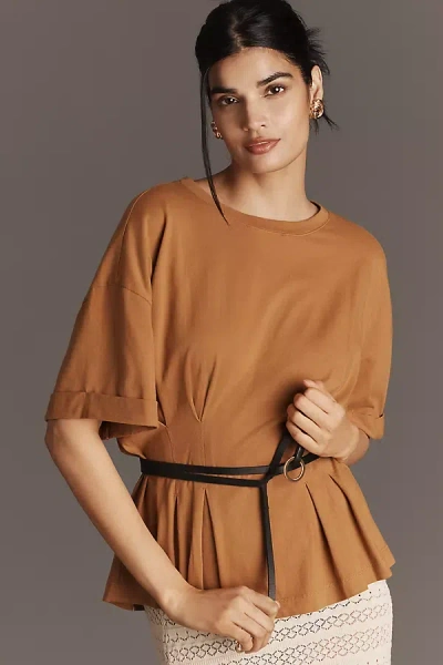By Anthropologie Short-sleeve Pleated Peplum Tee In Brown