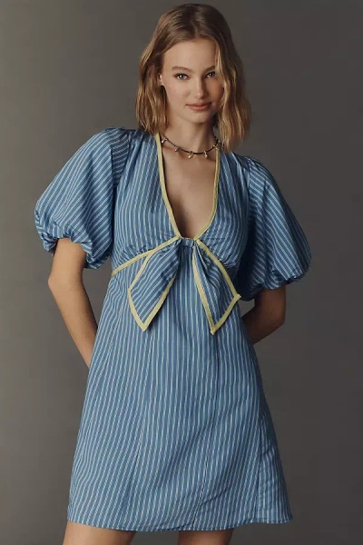 By Anthropologie Short-sleeve Plunge Mini Dress In Blue