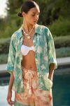 By Anthropologie Short-sleeve Printed Linen Buttondown Shirt In Blue