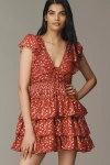 By Anthropologie Short-sleeve Ruffled Mini Dress In Red