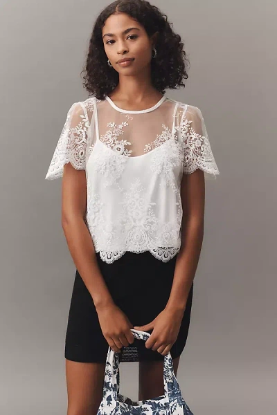 By Anthropologie Short-sleeve Sheer Lace Top In White