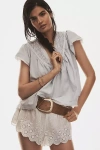 By Anthropologie Short-sleeve Smocked Linen-blend Blouse
