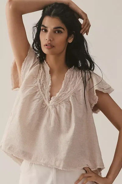 By Anthropologie Short-sleeve Smocked Linen-blend Blouse In Multicolor