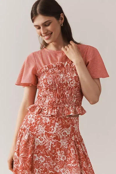 By Anthropologie Short-sleeve Smocked Linen Twofer Top In Purple