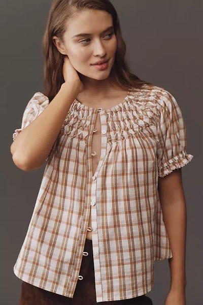 By Anthropologie Short-sleeve Smocked Top In Pink