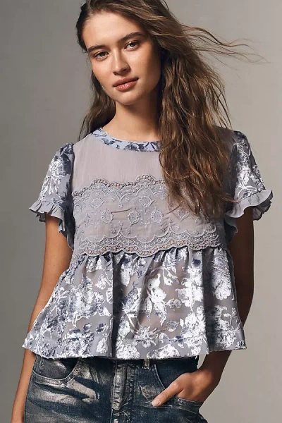 By Anthropologie Short-sleeve Velvet Burnout Swing Top In Silver