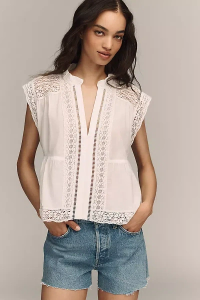 By Anthropologie Short-sleeve Lace-trim Swing Blouse In White