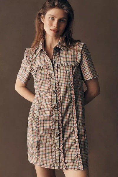 By Anthropologie Short-sleeve Metallic Brocade Mini Dress In Brown